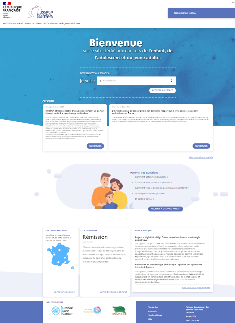Page d'accueil pediatrie.e-cancer.fr, portail d’information dédié aux cancers de l’enfant, de l’adolescent et du jeune adulte